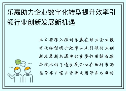乐赢助力企业数字化转型提升效率引领行业创新发展新机遇
